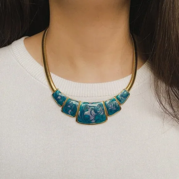 Vintage Art Deco Blue Swirl Enamel Gold Collar Omega Chain Statement Necklace - Picture 8 of 8